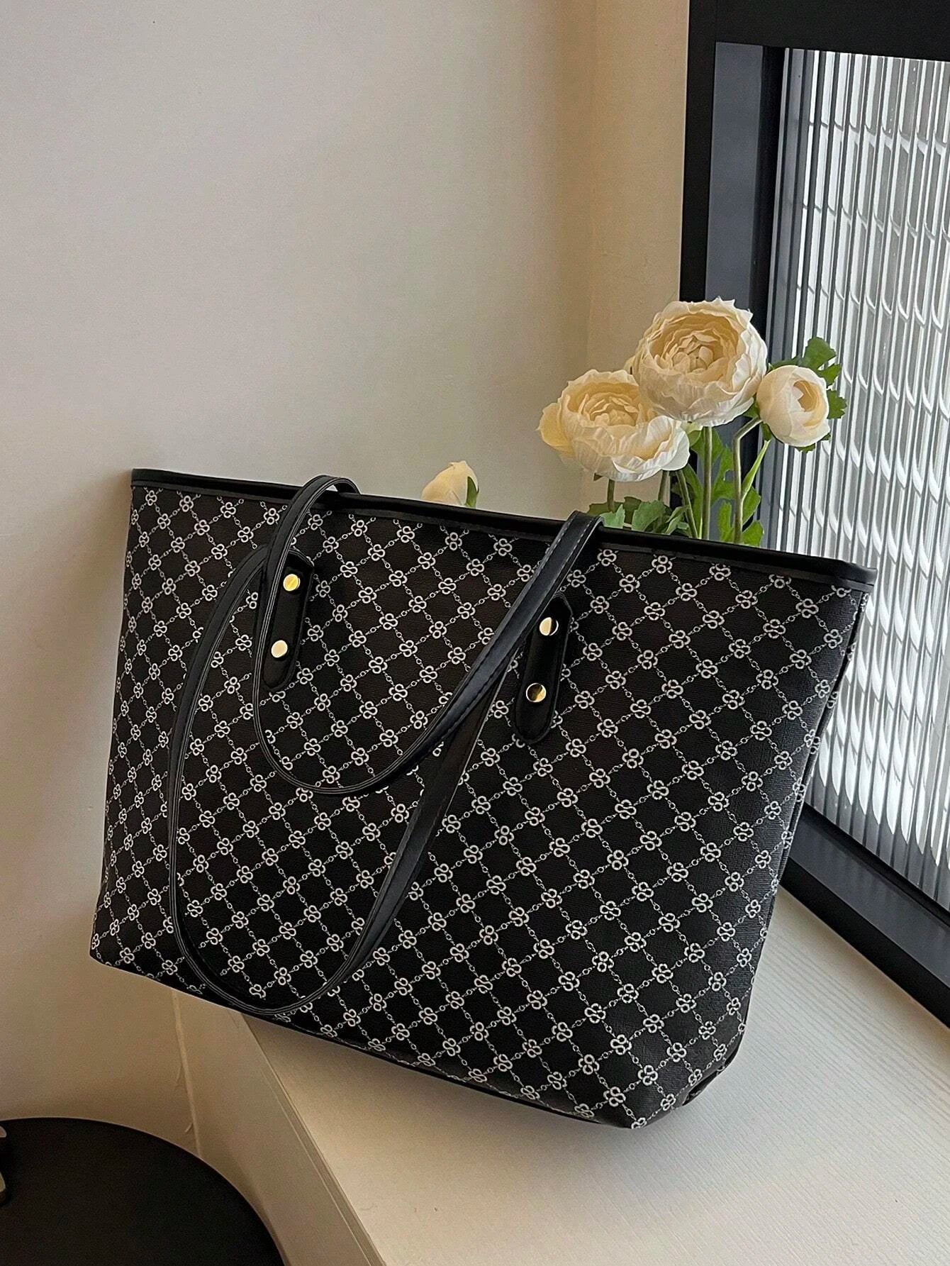 Buy SHEIN Large Shoulder Tote Bag Geometric Pattern Studded Decor in Pakistan