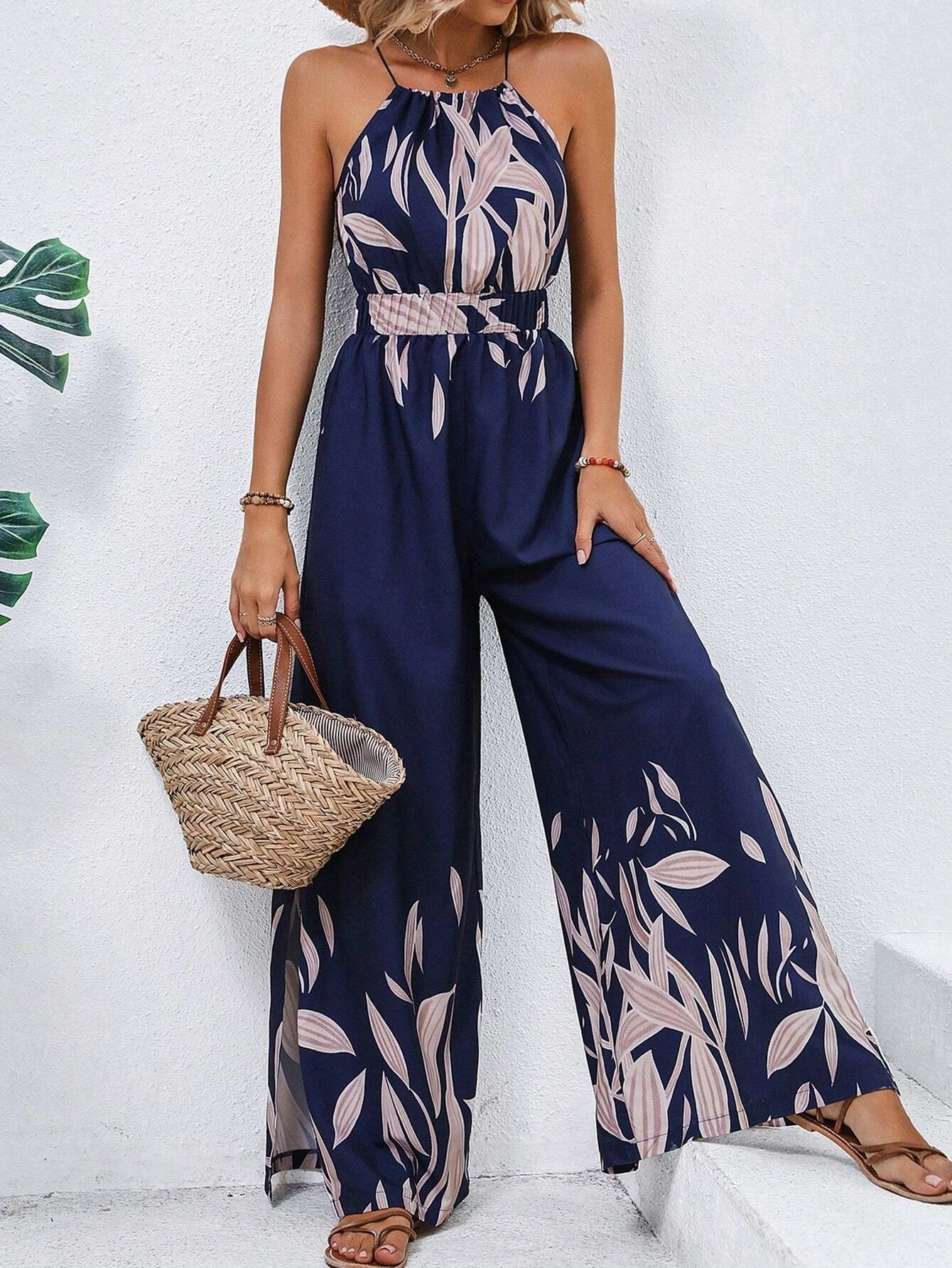 Buy SHEIN VCAY Plants Print Belted Wide Leg Cami Jumpsuit in Pakistan