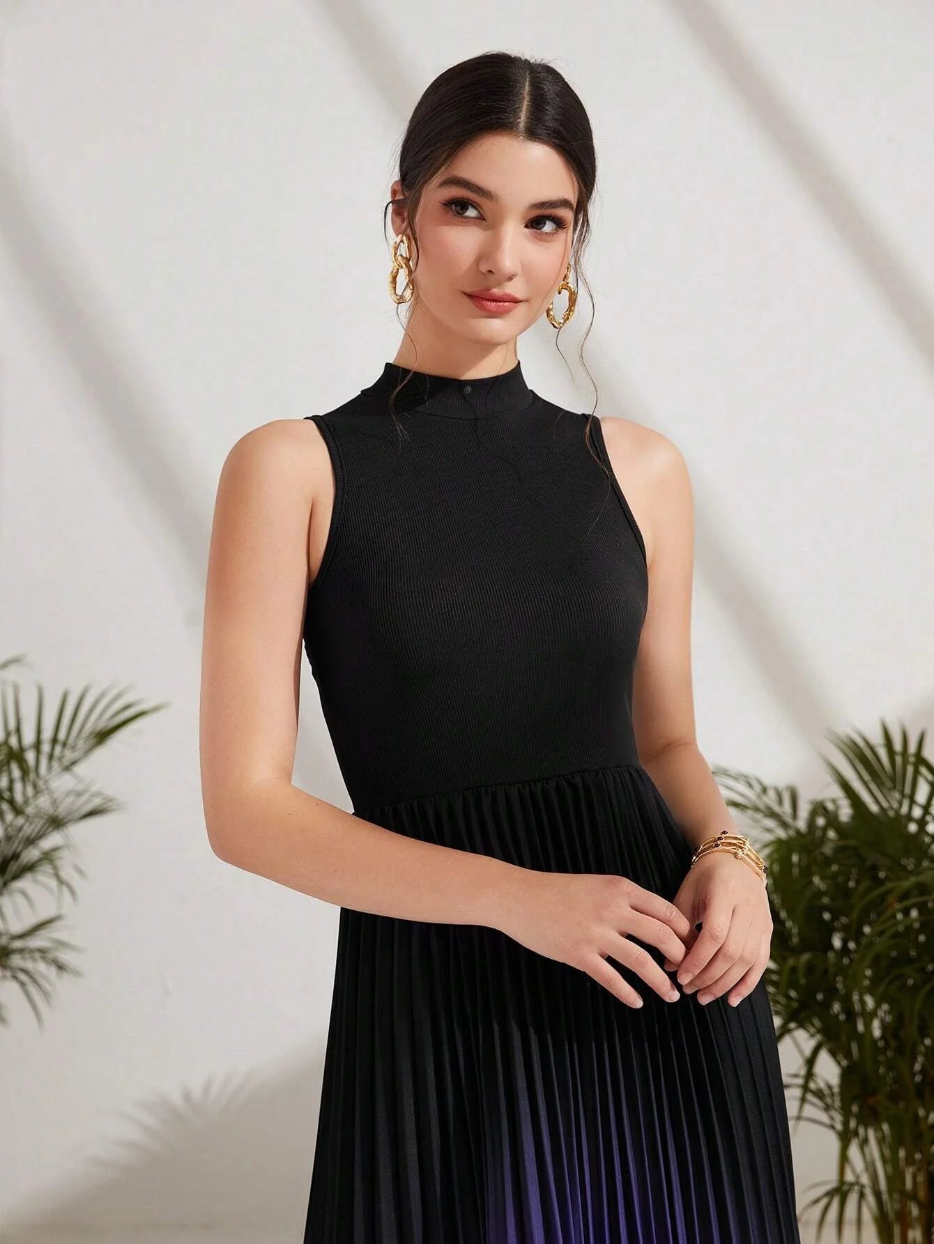 Buy SHEIN Modely Ombre Pleated Hem Mock Neck Dress in Pakistan