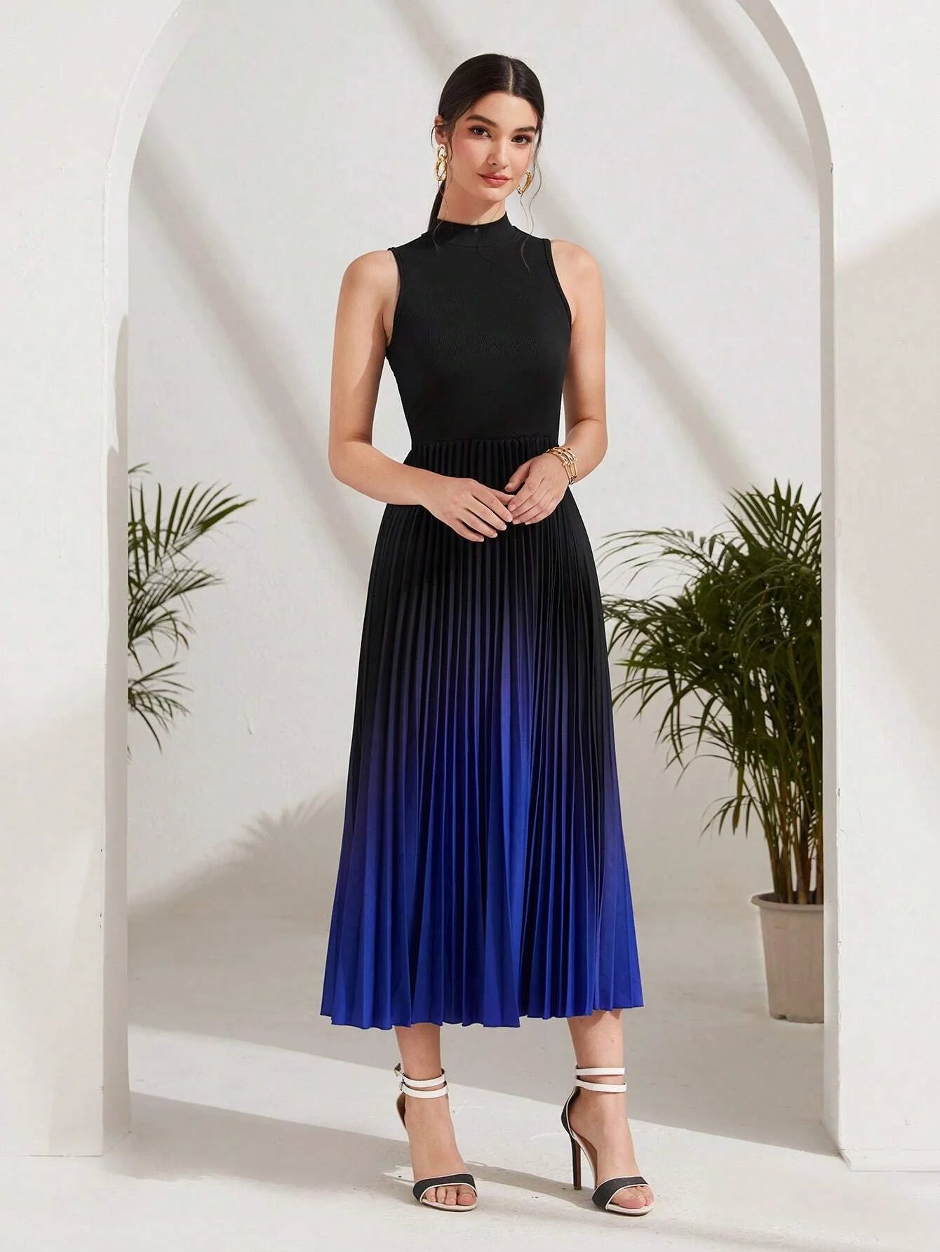 Buy SHEIN Modely Ombre Pleated Hem Mock Neck Dress in Pakistan