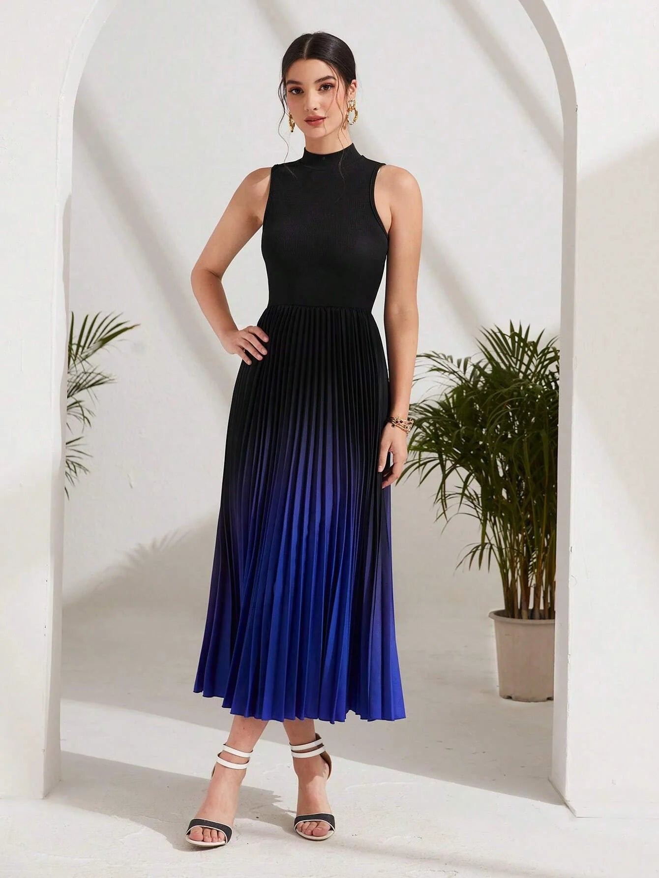 Buy SHEIN Modely Ombre Pleated Hem Mock Neck Dress in Pakistan