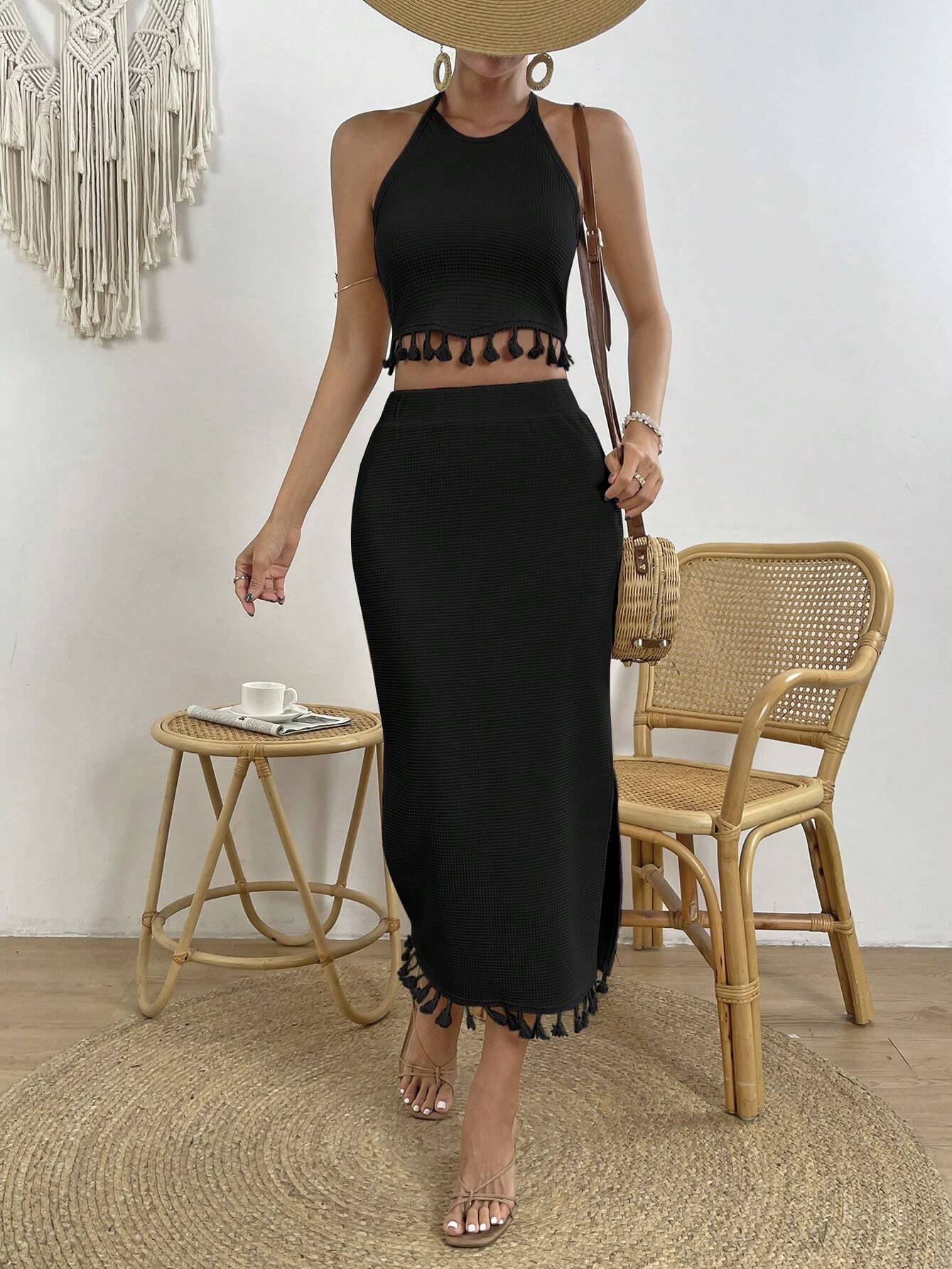 Buy SHEIN VCAY Tassel Trim Crop Halter Top & Split Thigh Skirt in Pakistan