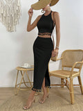 Buy SHEIN VCAY Tassel Trim Crop Halter Top & Split Thigh Skirt in Pakistan