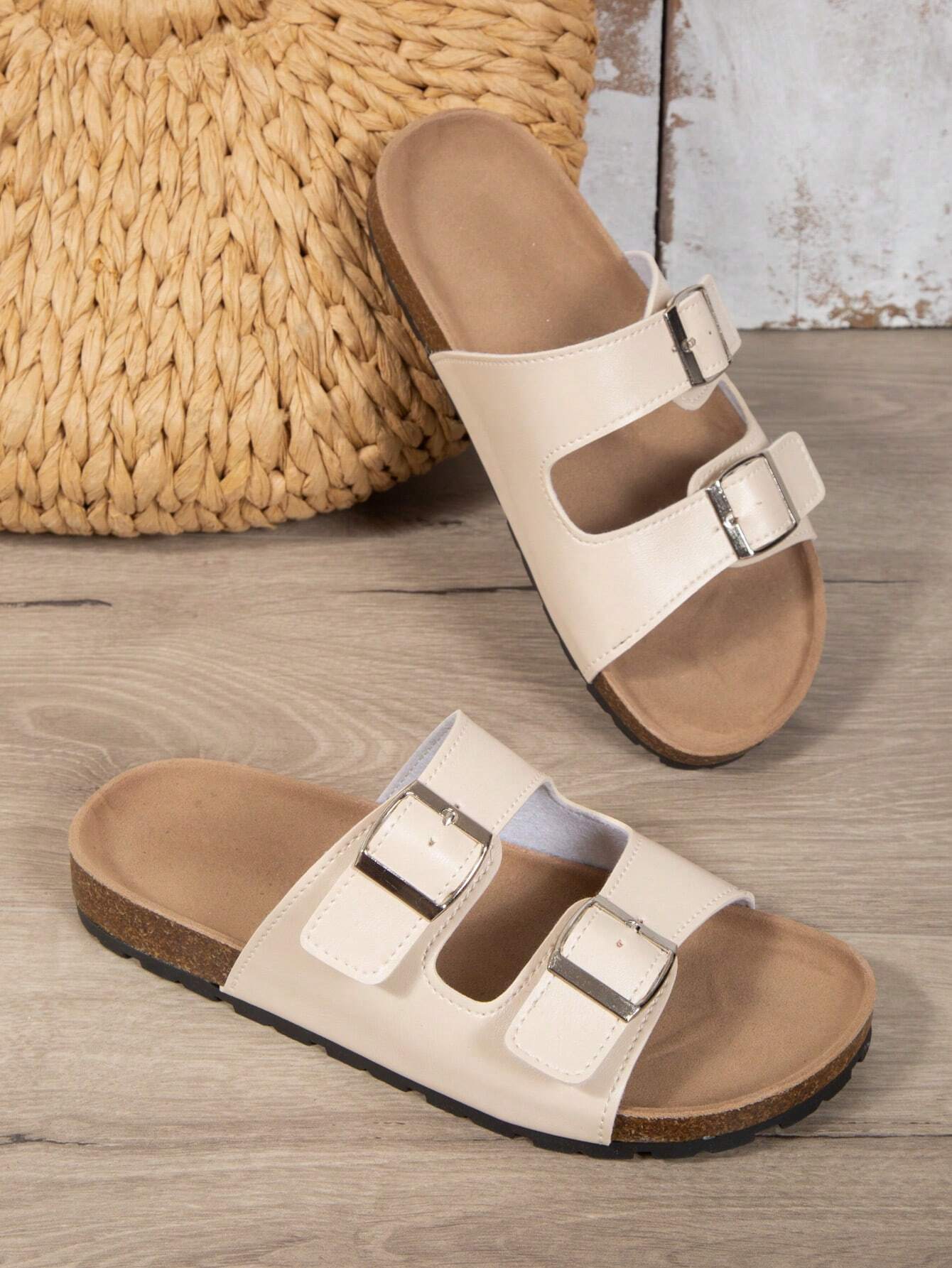 Buy SHEIN Women Buckle Decor Flat Sandals, Cool Beige Footbed Sandals in Pakistan