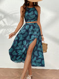 Buy SHEIN VCAY Tropical Print Tie Back Cami Top & Split Thigh Skirt in Pakistan