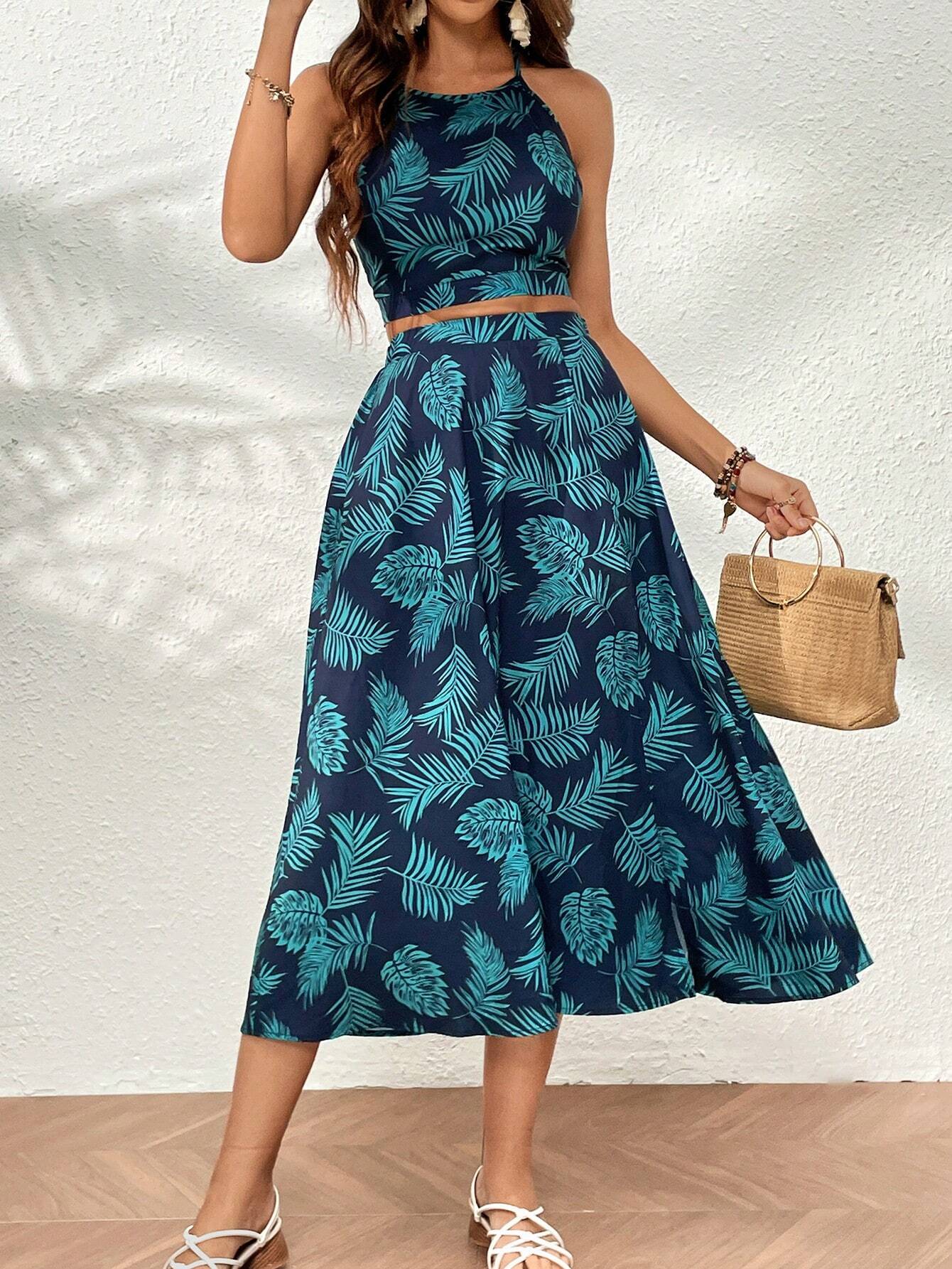 Buy SHEIN VCAY Tropical Print Tie Back Cami Top & Split Thigh Skirt in Pakistan