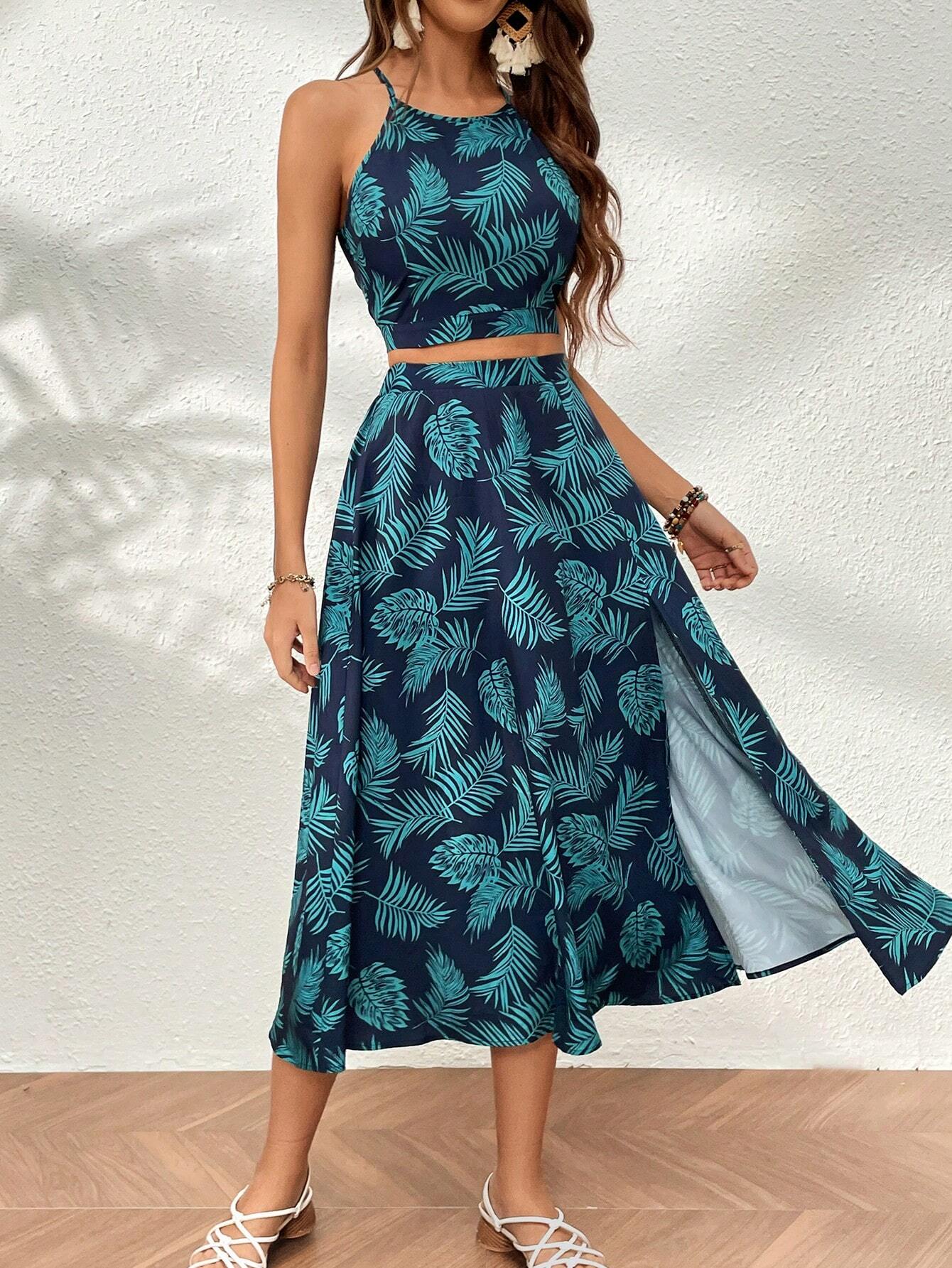 Buy SHEIN VCAY Tropical Print Tie Back Cami Top & Split Thigh Skirt in Pakistan