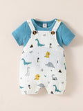 Buy SHEIN Baby Boy Button Detail Tee & Dinosaur Print Overall Romper Set in Pakistan