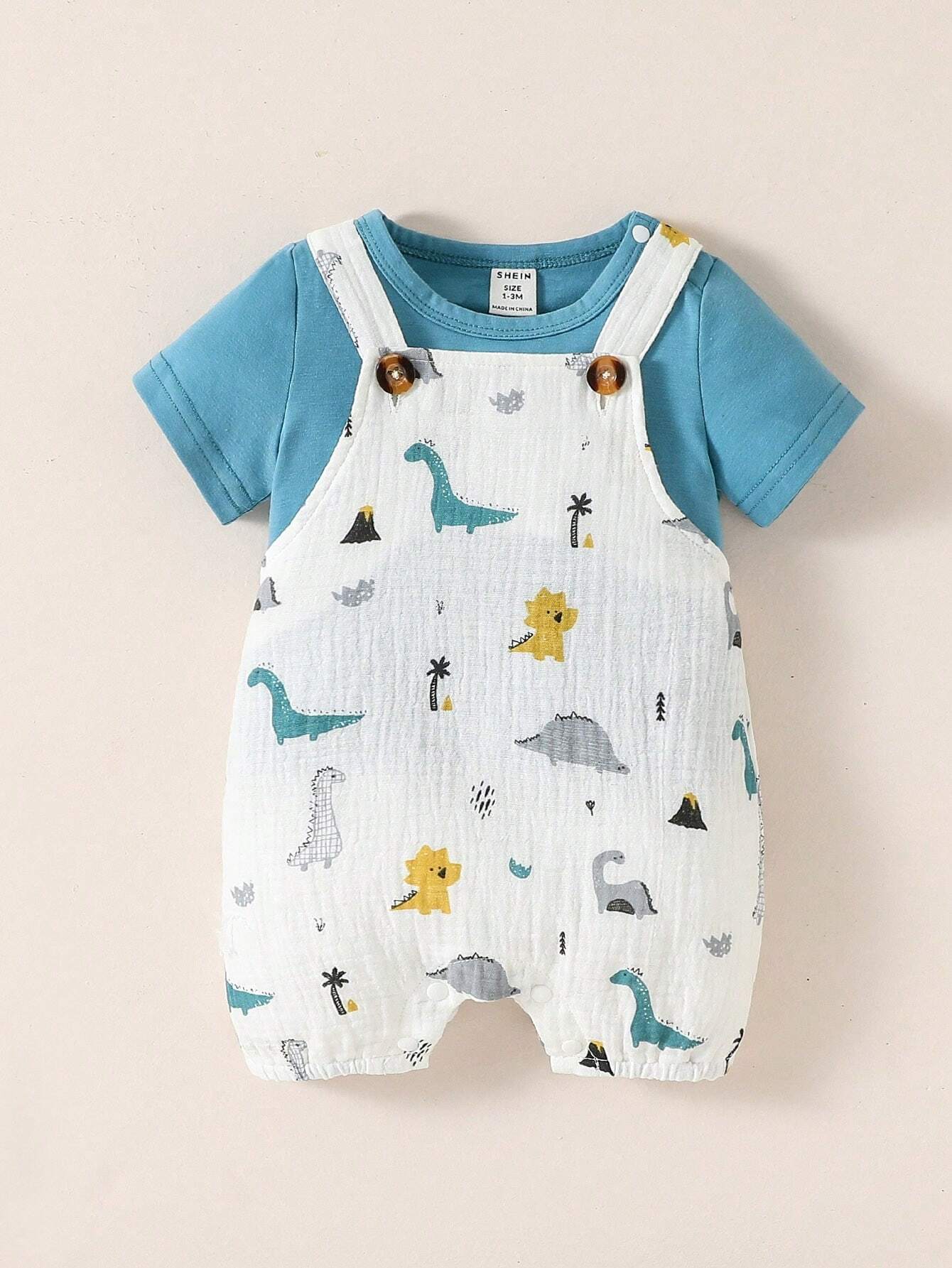 Buy SHEIN Baby Boy Button Detail Tee & Dinosaur Print Overall Romper Set in Pakistan