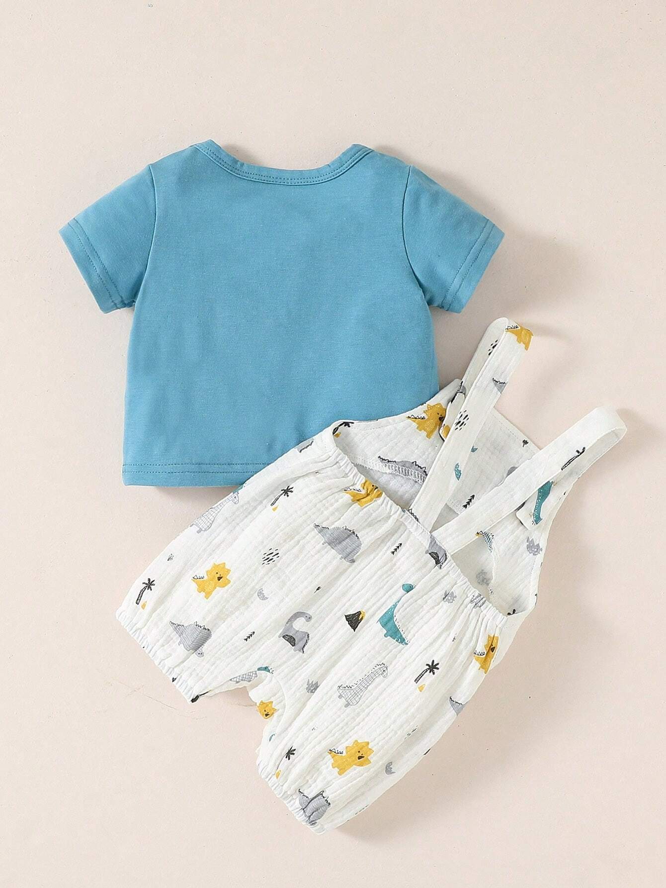 Buy SHEIN Baby Boy Button Detail Tee & Dinosaur Print Overall Romper Set in Pakistan