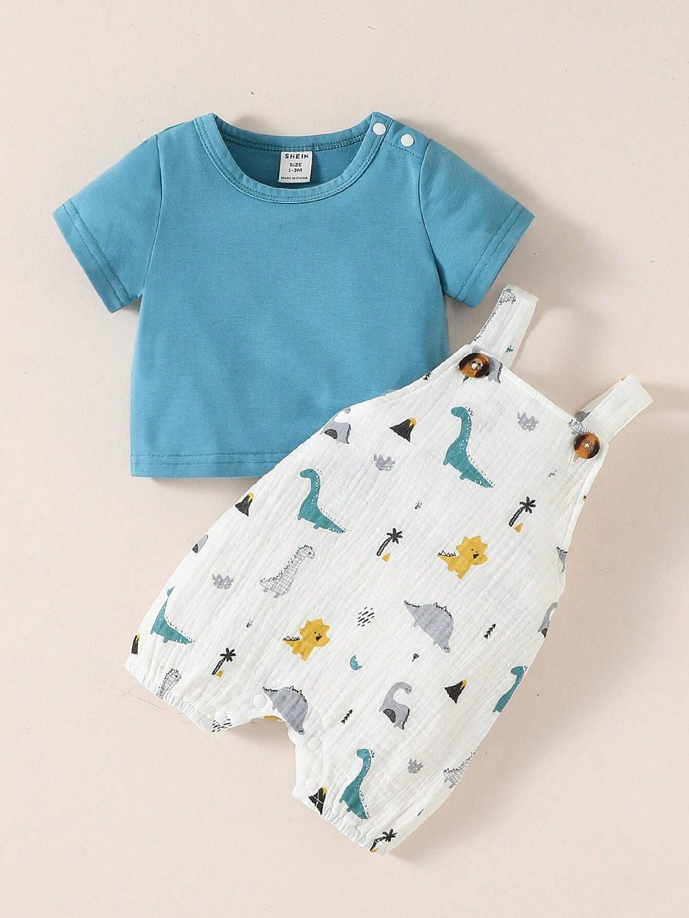 Buy SHEIN Baby Boy Button Detail Tee & Dinosaur Print Overall Romper Set in Pakistan