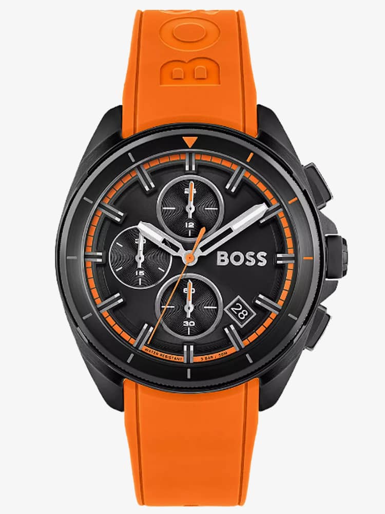 Buy Hugo Boss Volane Chronograph Black Dial Orange Rubber Strap Mens Watch 45mm 5ATM - 1513957 in Pakistan