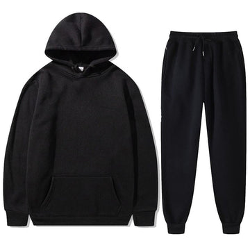 Unisex Basic Plain Hoodie And Trouser Set - Black