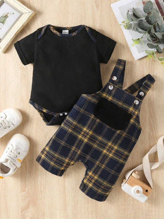 Buy SHEIN Baby Boy 2pcs Plaid Bodysuit And Pinafore Jumpsuit in Pakistan