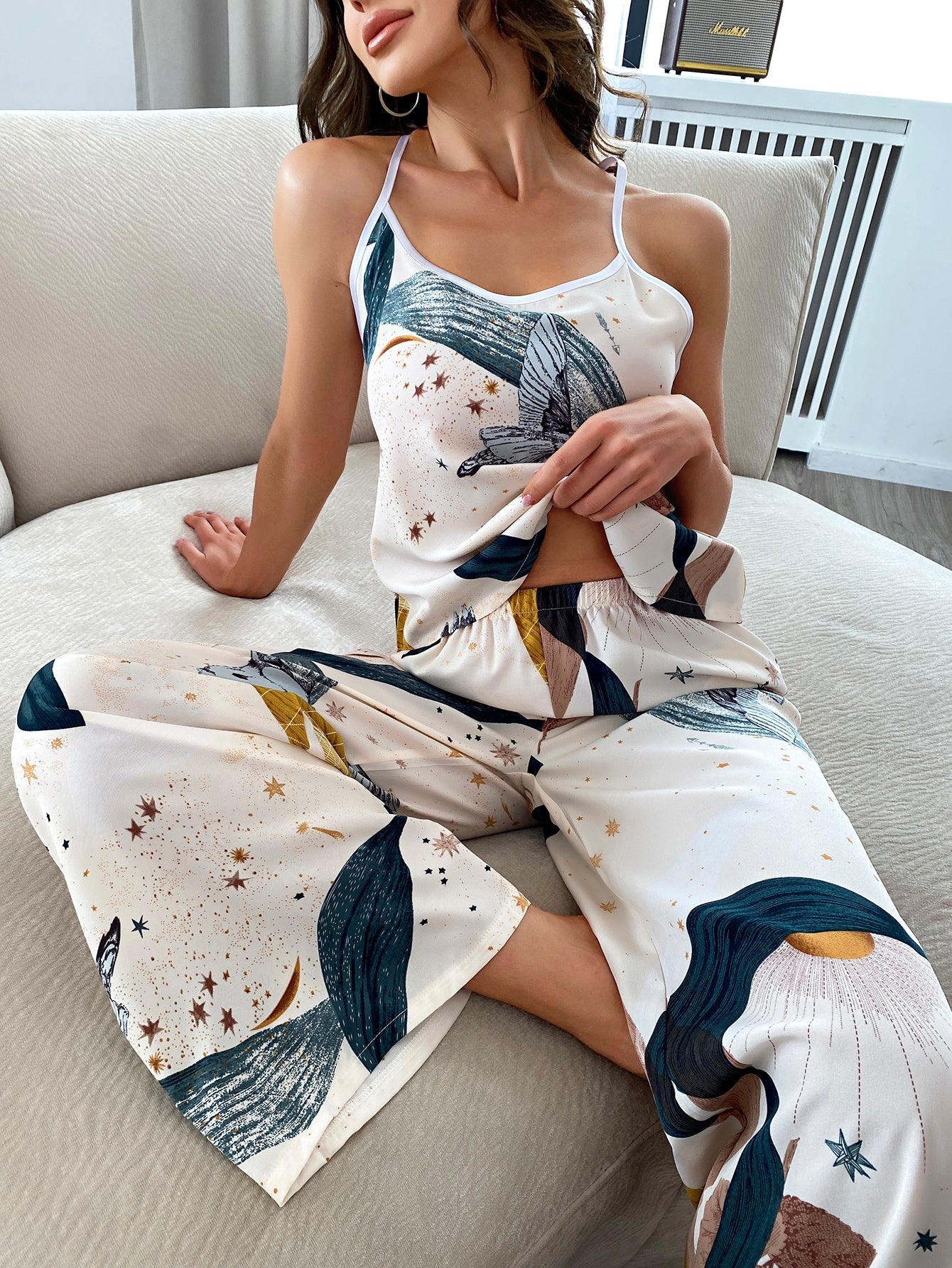 Buy SHEIN Bird & Leaf Print Crisscross Back PJ Set in Pakistan