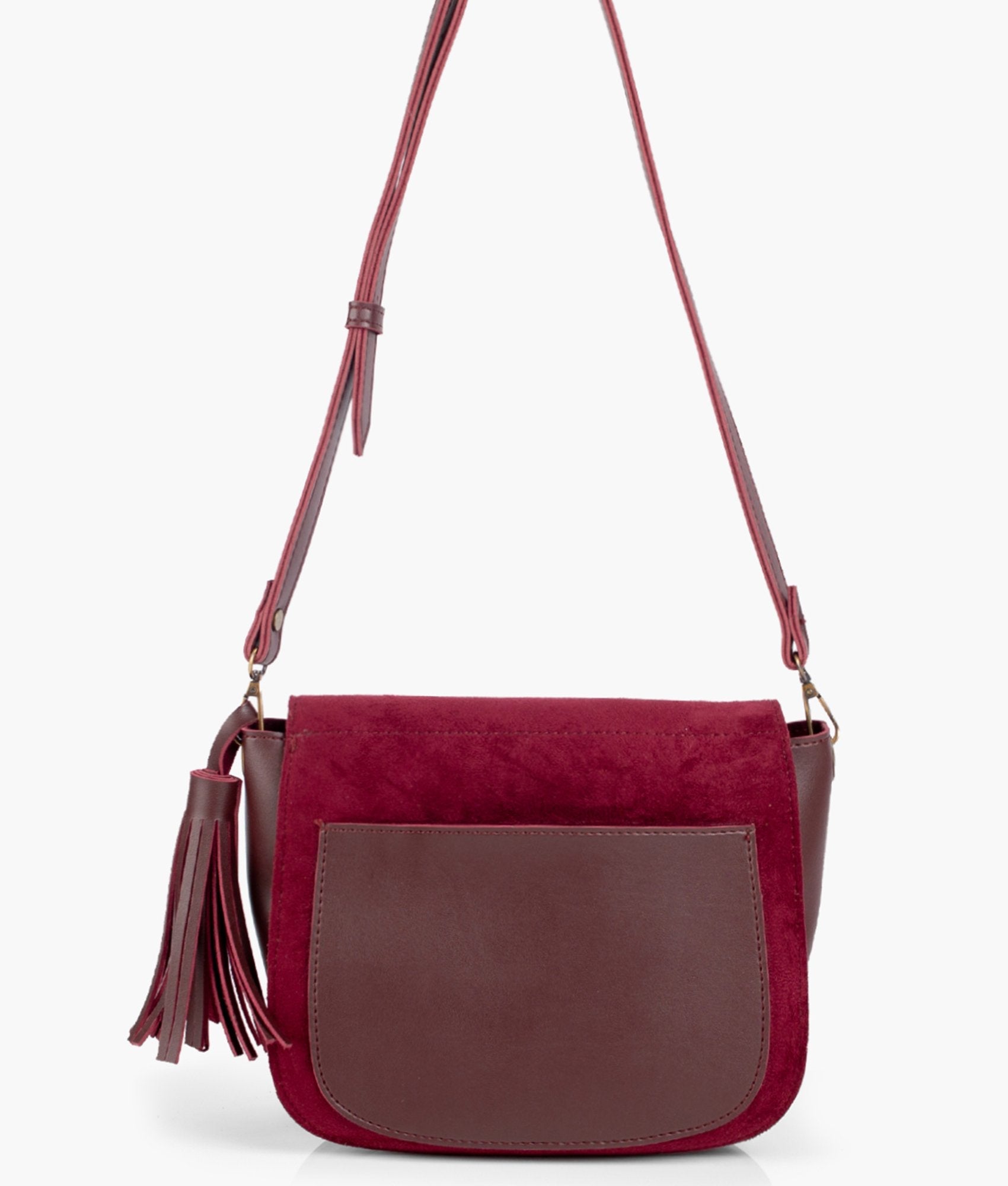 Buy Burgundy suede foldover saddle bag in Pakistan