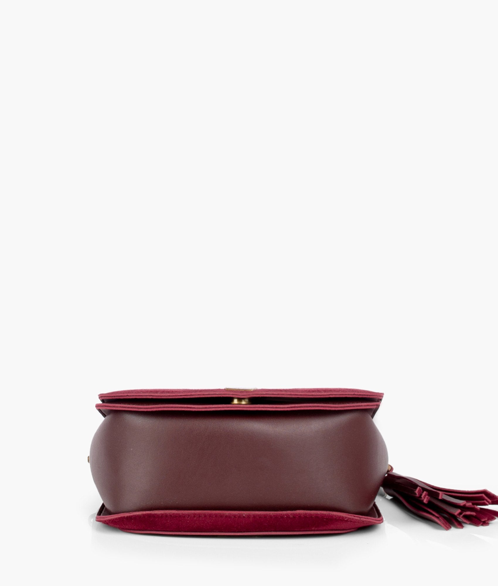 Buy Burgundy suede foldover saddle bag in Pakistan