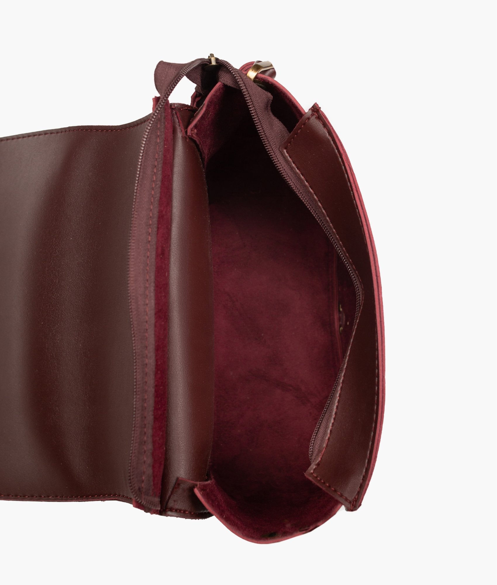 Buy Burgundy suede foldover saddle bag in Pakistan