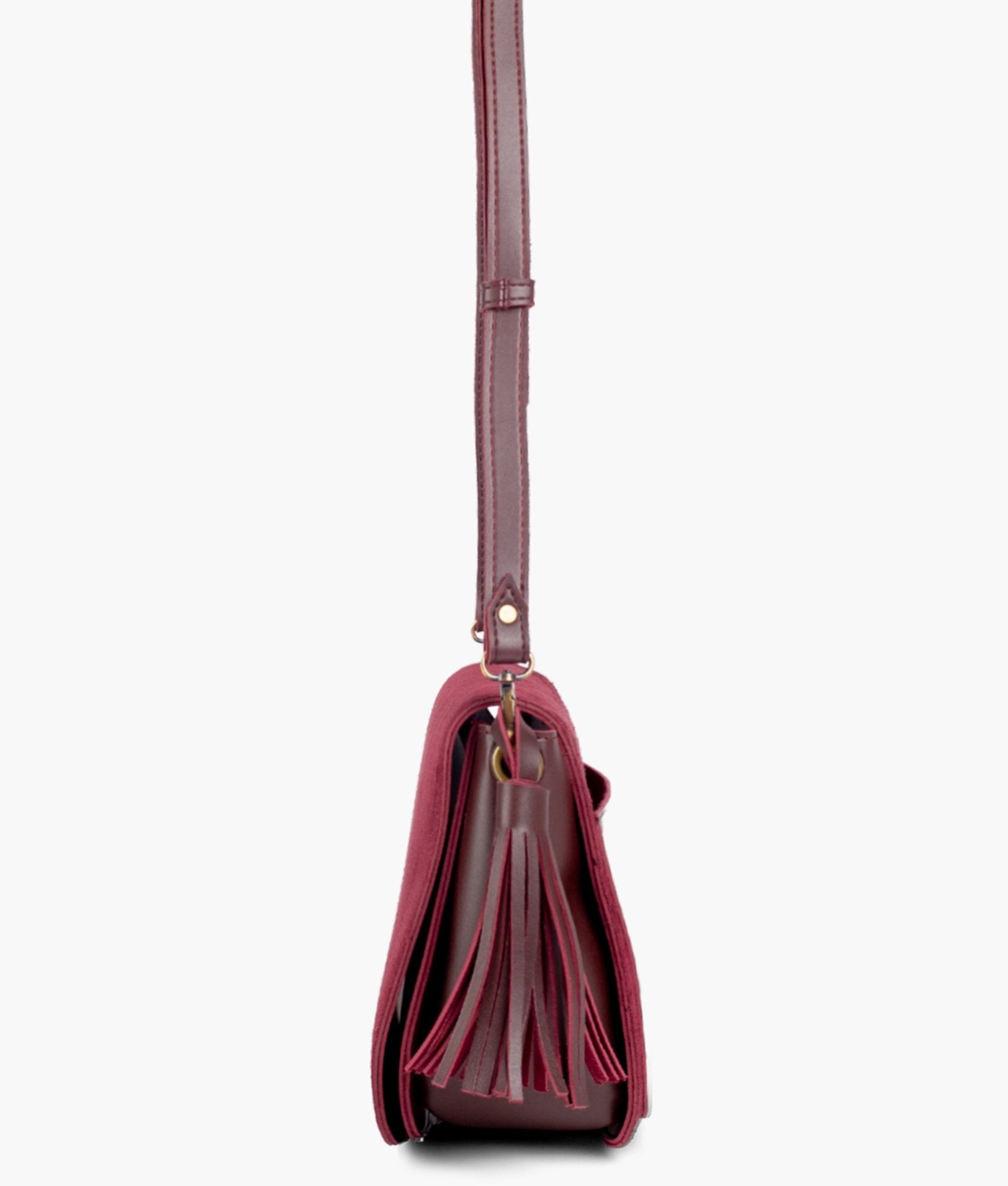 Buy Burgundy suede foldover saddle bag in Pakistan