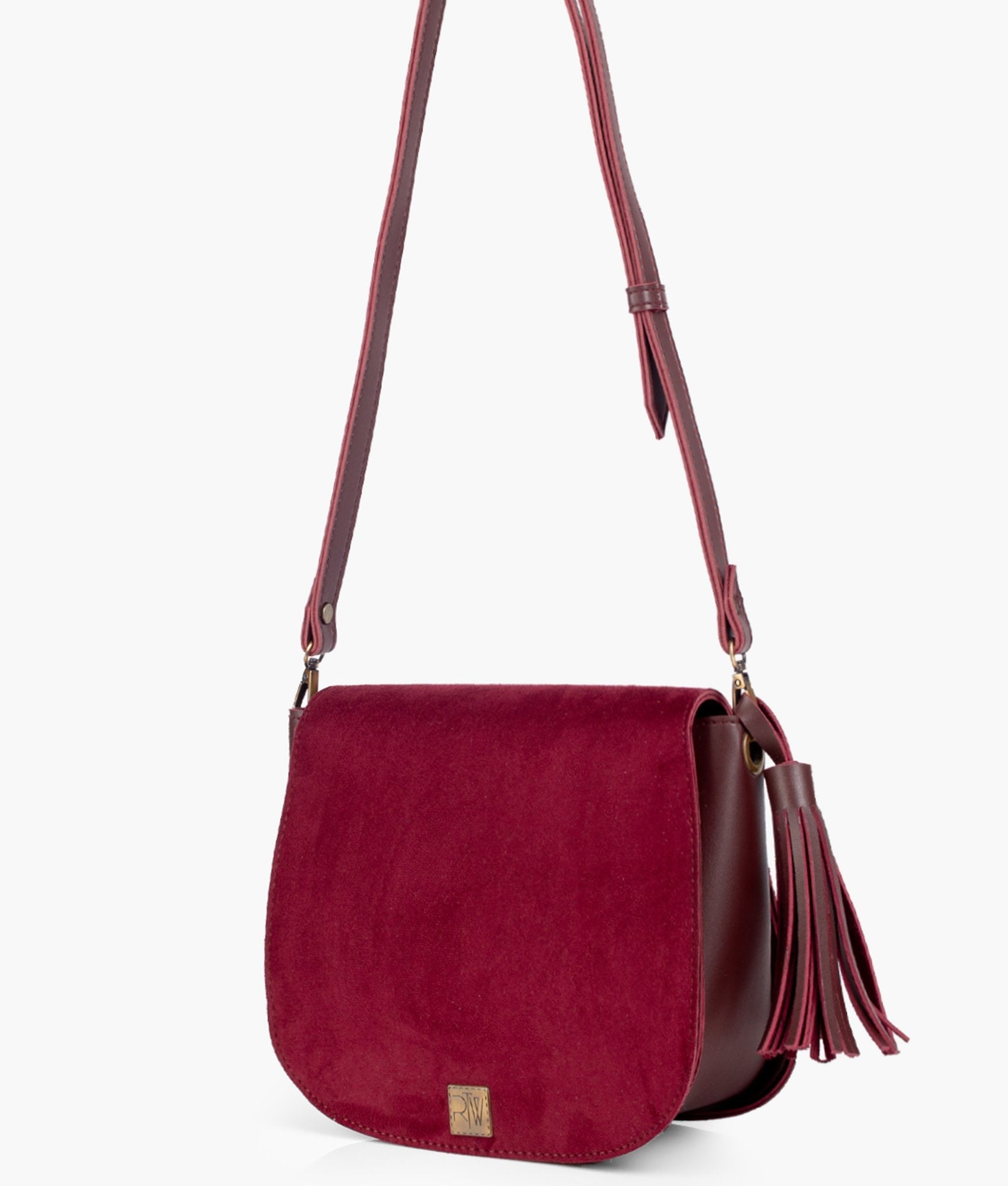 Buy Burgundy suede foldover saddle bag in Pakistan