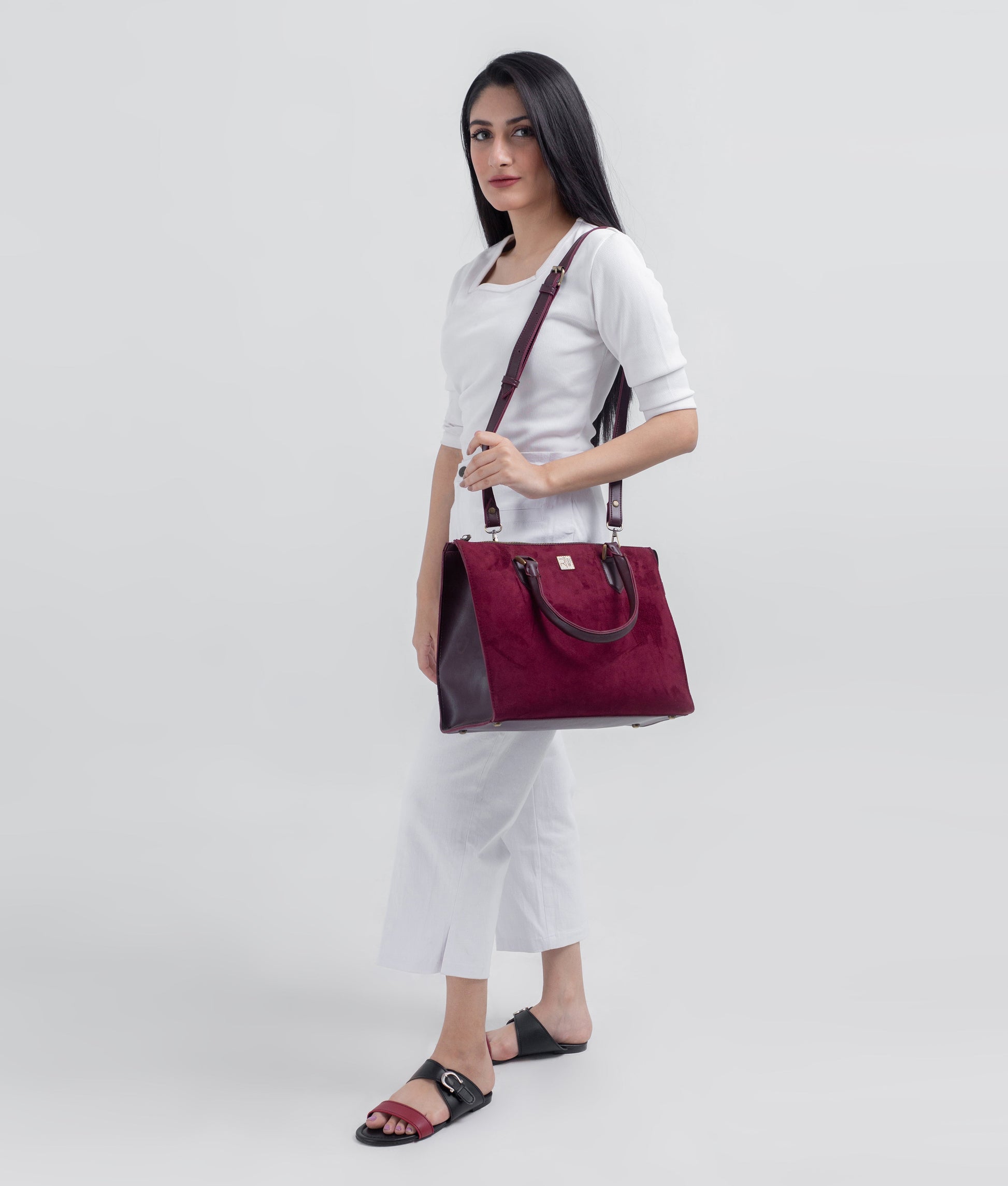 Buy Burgundy suede workplace handbag in Pakistan