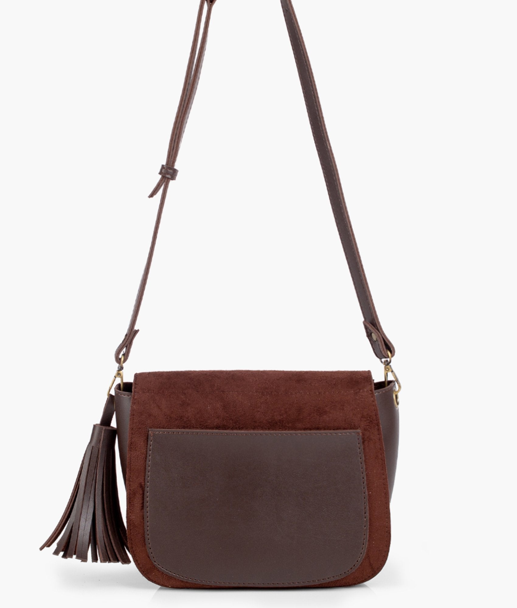 Buy Dark brown suede foldover saddle bag in Pakistan