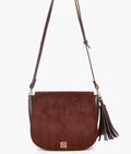 Buy Dark brown suede foldover saddle bag in Pakistan