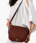 Buy Dark brown suede foldover saddle bag in Pakistan