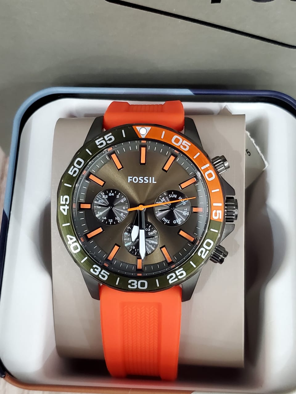 Buy Fossil Men's Chronograph Quartz Orange Silicone Strap Green Dial 45mm Watch BQ2500 in Pakistan