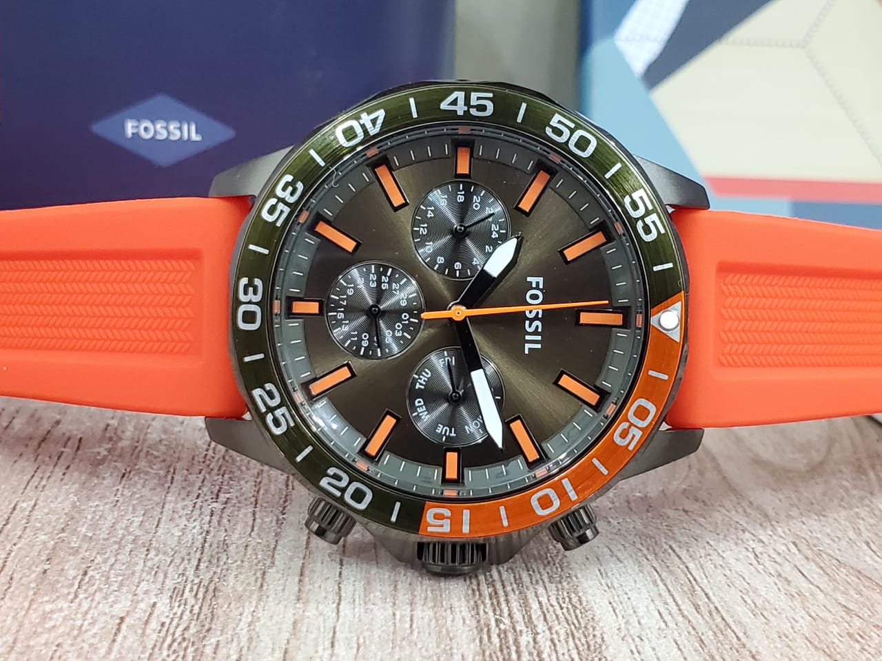 Buy Fossil Men's Chronograph Quartz Orange Silicone Strap Green Dial 45mm Watch BQ2500 in Pakistan