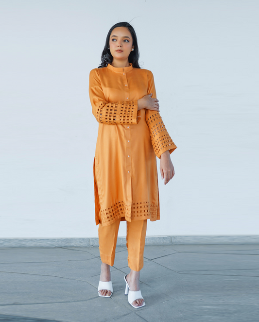 Buy Mustard Checkered Linen 2 Pc in Pakistan