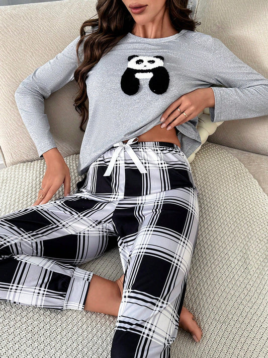 Buy SHEIN Panda Embroidery Tee & Plaid Print Pants PJ Set in Pakistan