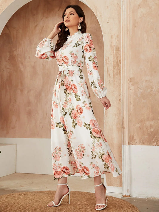 Buy Shein Ruffle Neck Floral Print Belted A-line Dress in Pakistan