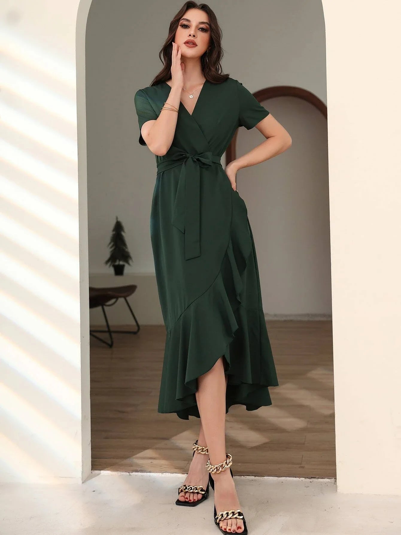 Buy Shein Ruffle Tulip Hem Belted Dress in Pakistan