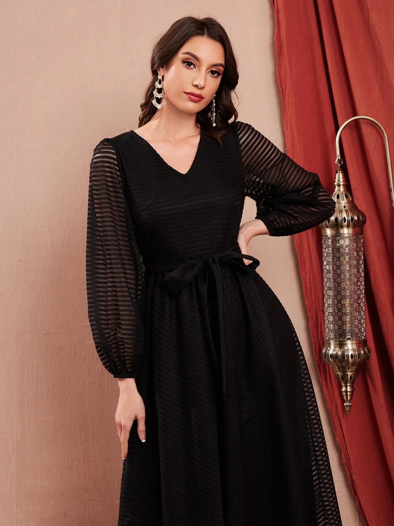 Buy SHEIN Lantern Sleeve Belted Mesh Dress in Pakistan