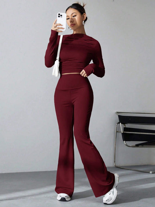 Buy SHEIN EZwear Women's Pleated Slim Fit Top And Flared Pants Two Piece Set in Pakistan