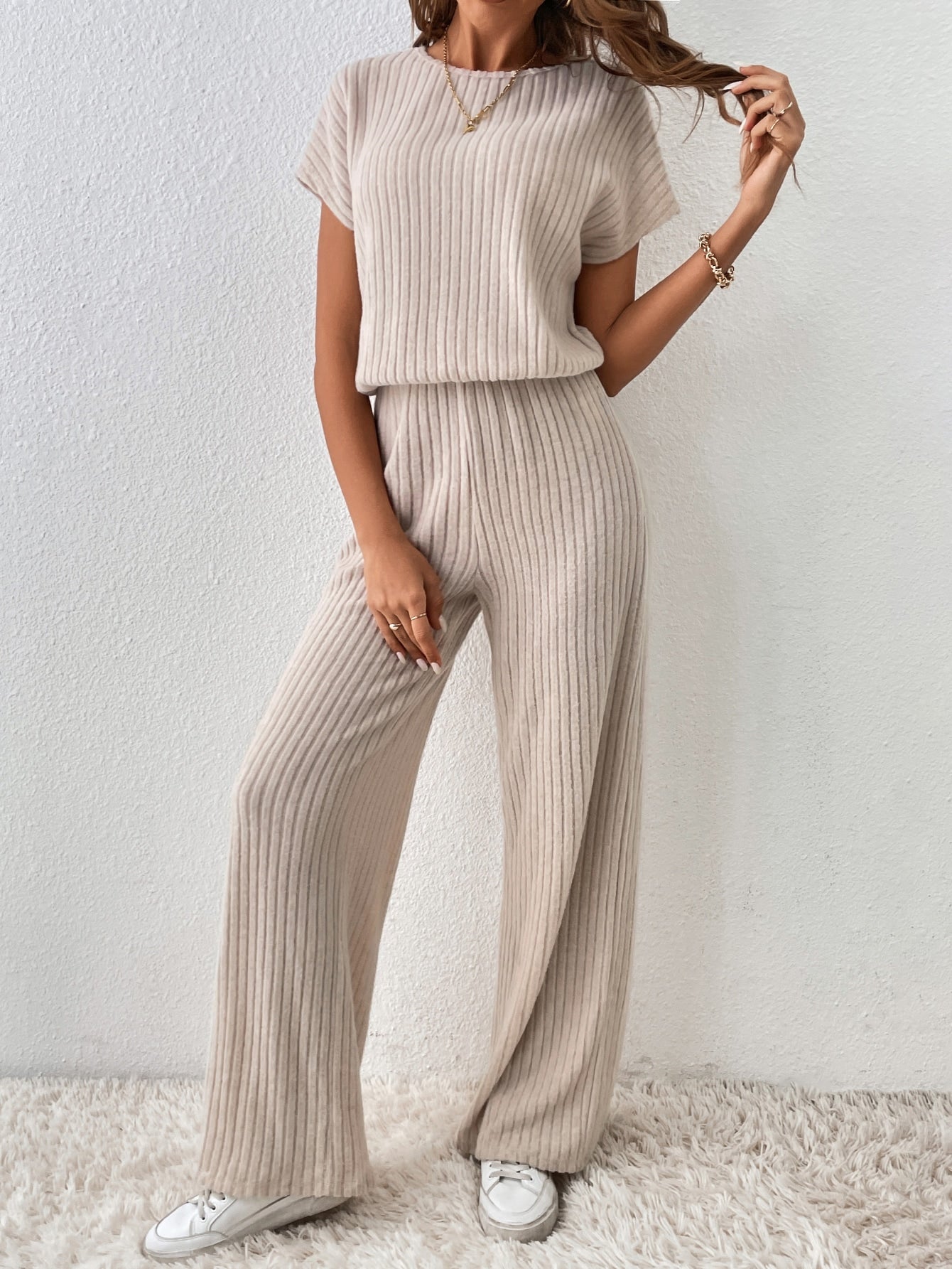 Buy SHEIN Essnce Solid Ribbed Knit Cut Out Back Jumpsuit in Pakistan