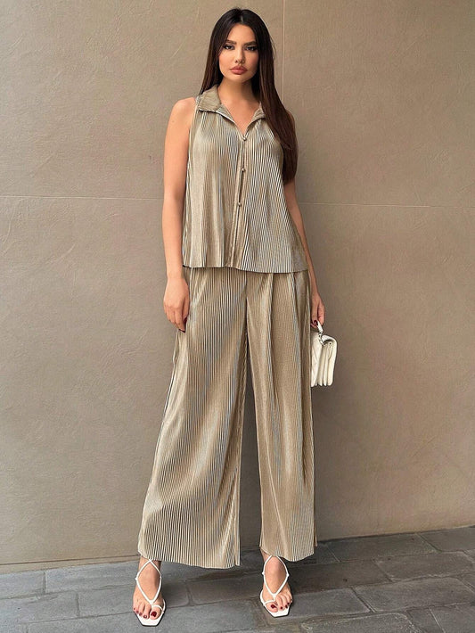 Buy SHEIN Essnce Women's Button Front Sleeveless Top And Wide Leg Pants 2pcs/Set in Pakistan