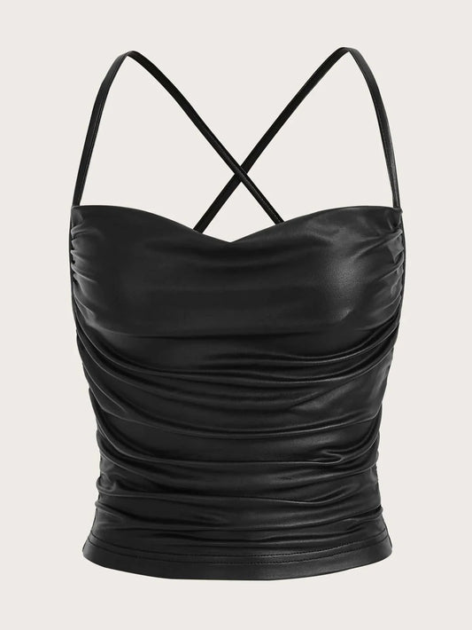 Buy SHEIN ICON Draped Front Crisscross Backless PU Leather Cami Going Out Tops in Pakistan