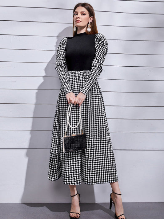 Buy SHEIN Modely Mock Neck Leg-of-mutton Sleeve Houndstooth Dress in Pakistan