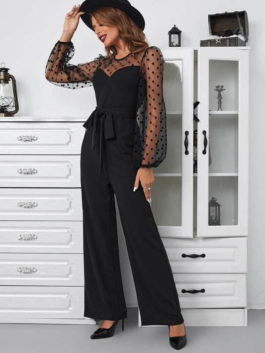 Buy SHEIN Privé Contrast Dobby Mesh Lantern Sleeve Belted Jumpsuit in Pakistan