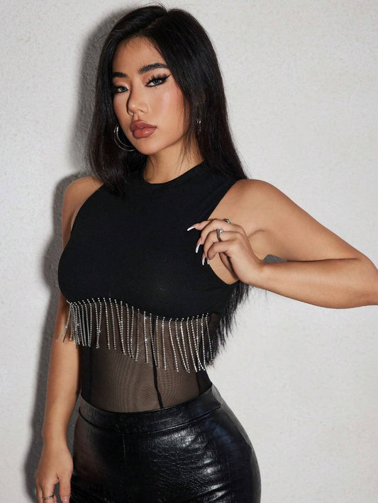 Buy SHEIN SXY Rhinestone Fringe Trim Mesh Insert Bodysuit in Pakistan