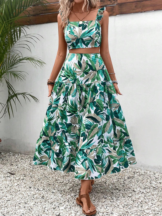 Buy SHEIN VCAY Tropical Print Ruffle Trim Top & Skirt in Pakistan