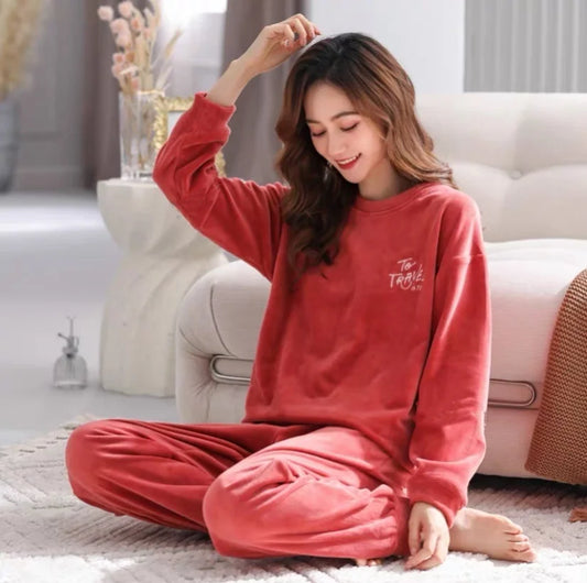 Buy Fleece Long Sleeve Pajama Suit Shaded Red in Pakistan