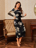 Buy Shein Asymmetrical Neck Floral Print Split Hem Ruched Side Mesh Bodycon Dress in Pakistan