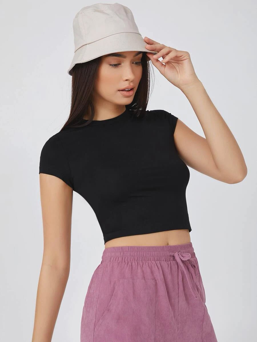 Buy Shein Basics Cap Sleeve Solid Crop in Pakistan