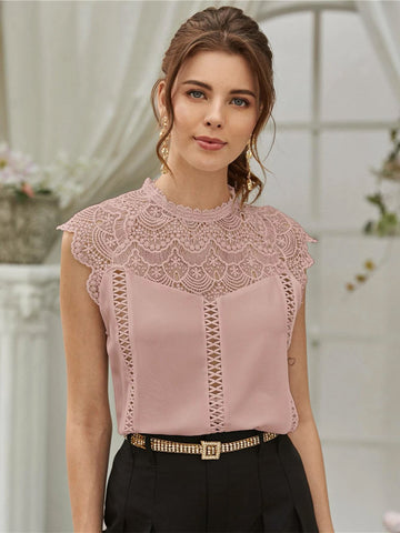 Buy Shein Guipure Lace Panel Keyhole Back Blouse in Pakistan