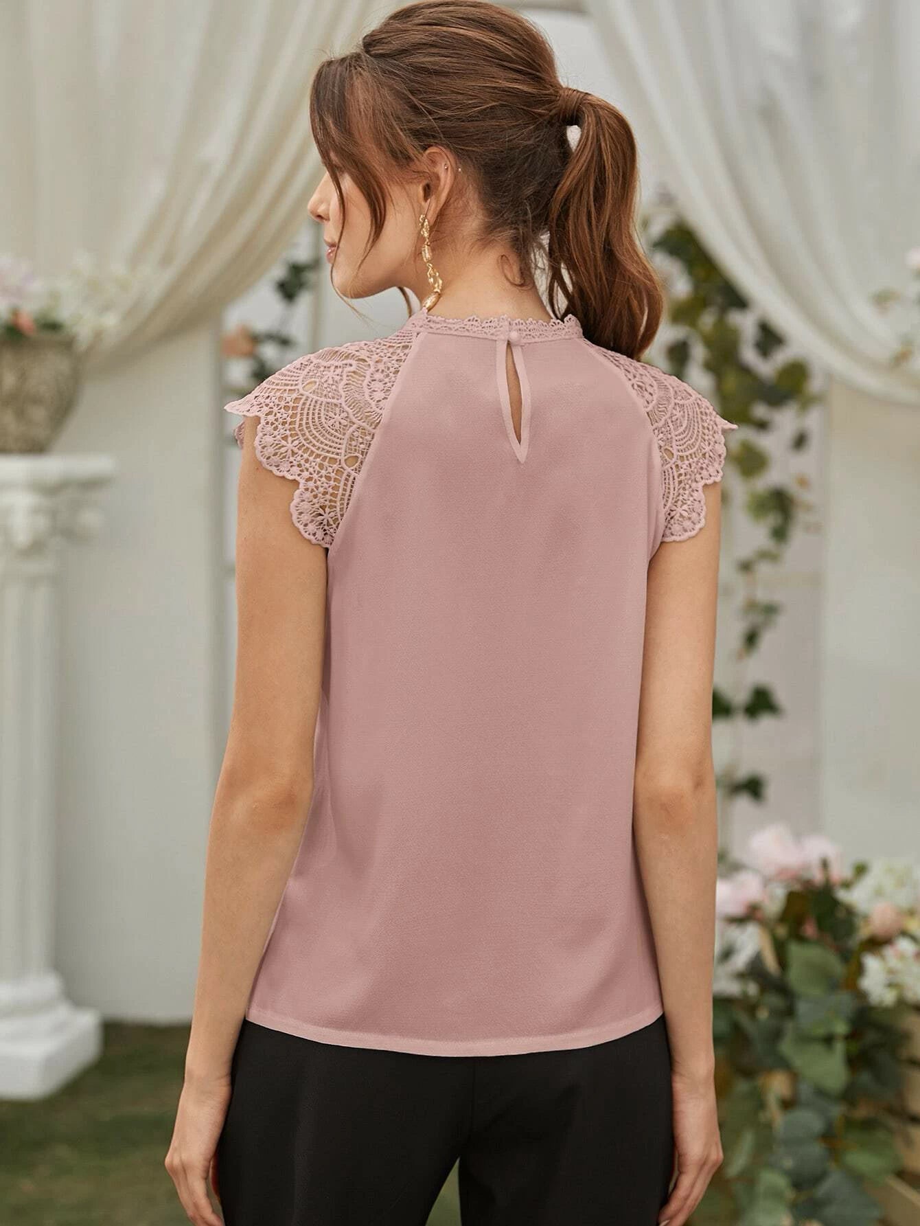 Buy Shein Guipure Lace Panel Keyhole Back Blouse in Pakistan