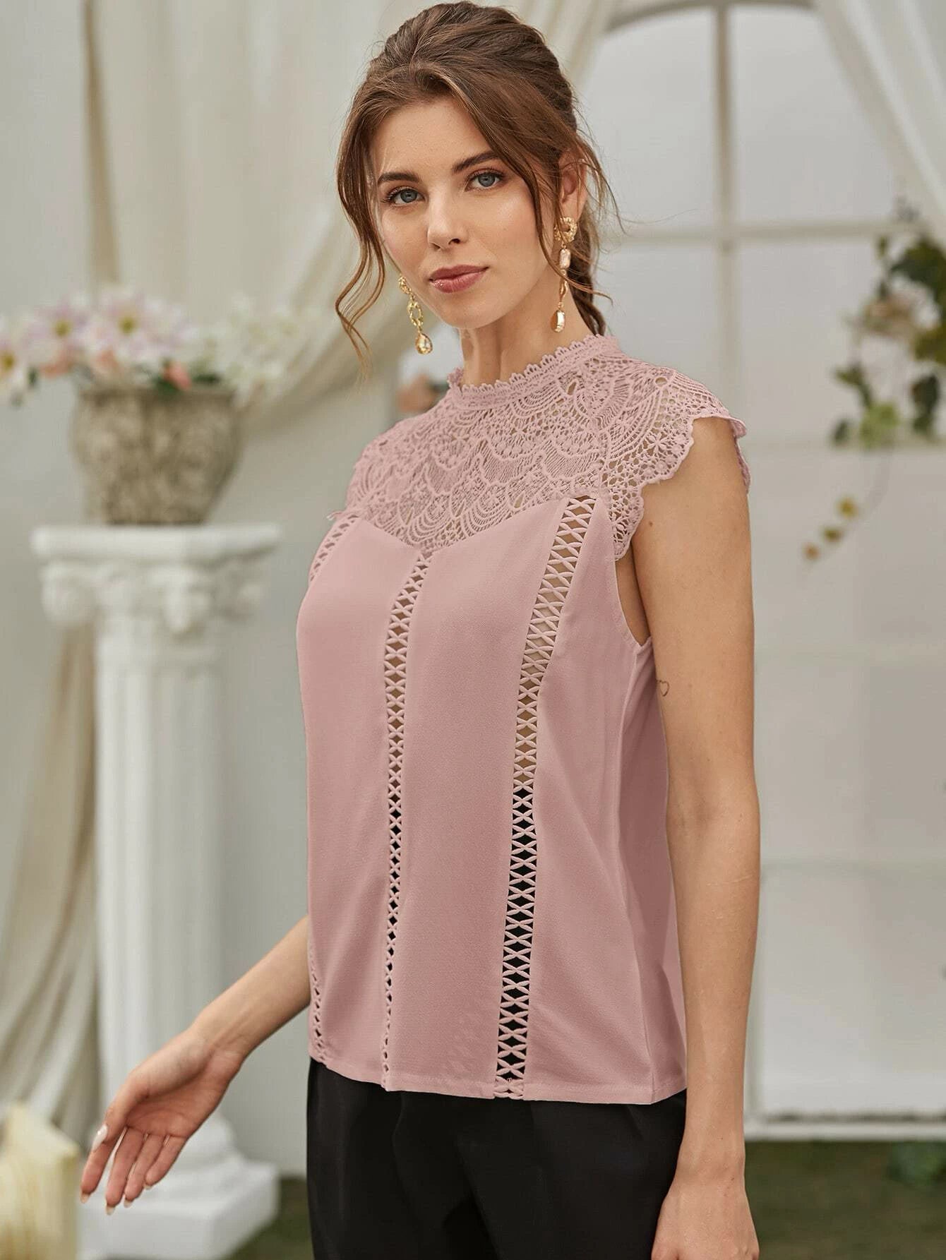 Buy Shein Guipure Lace Panel Keyhole Back Blouse in Pakistan