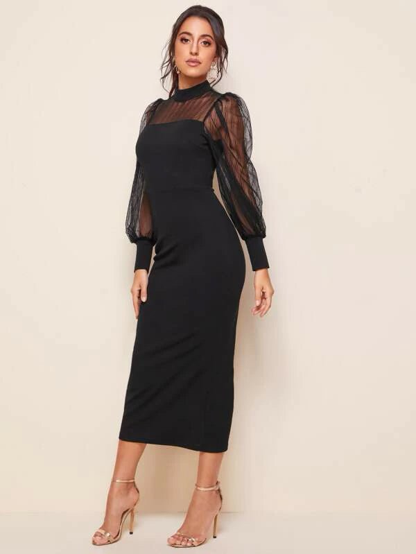 Buy Shein Mock-neck Lantern Sleeve Mesh Yoke Dress in Pakistan